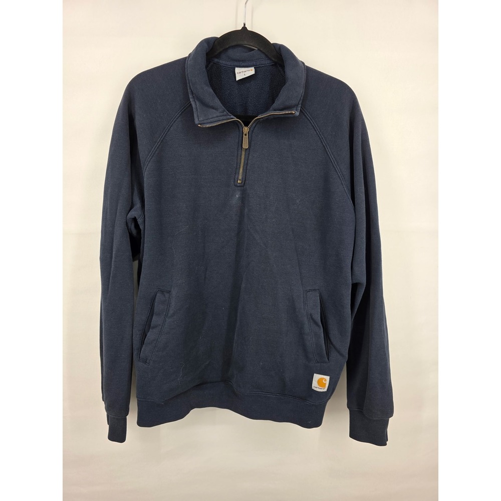 Carhartt Mens Navy Blue Quarter Zip Pullover Sweatshirt Large Mock Neck Logo